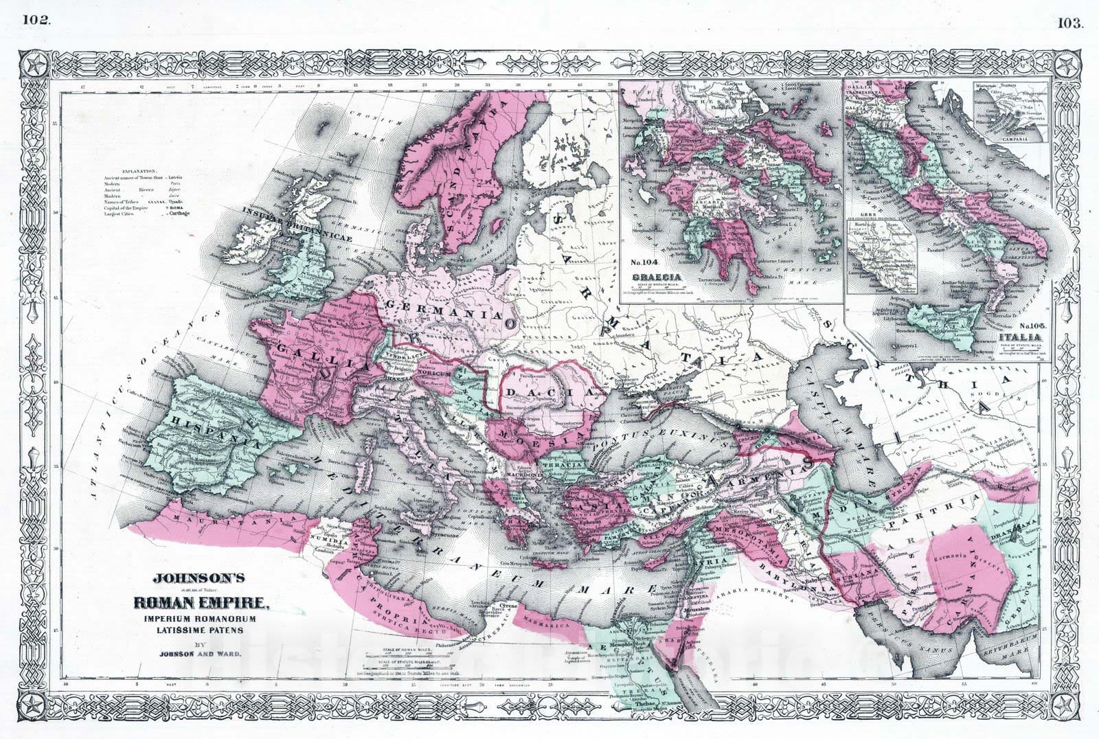 Historic Map : Mediterranean Sea, Europe 1865 Roman Empire. , Vintage Wall Art