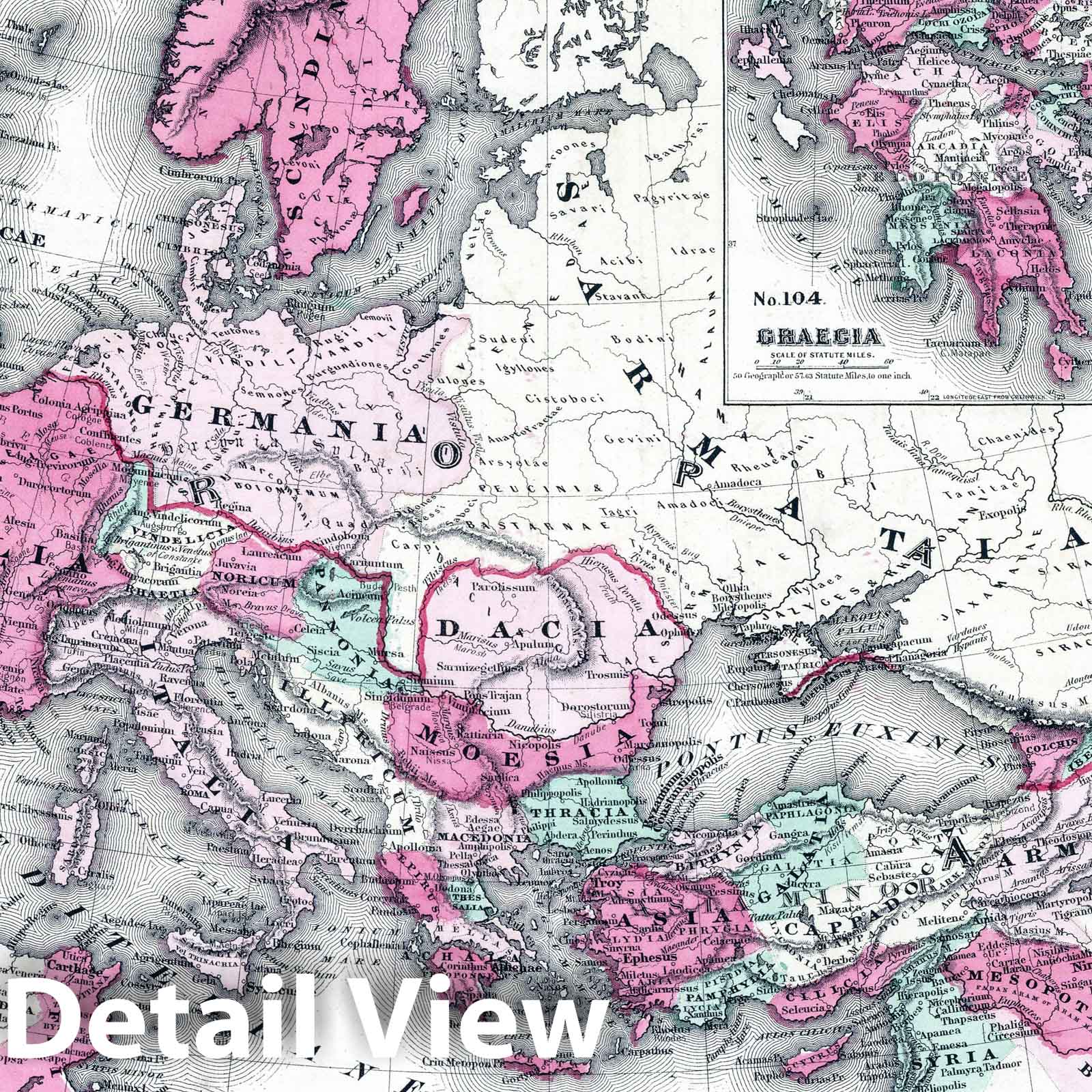Roman Empire - Physical Map, 1865 - Johnson's Family Atlas Historical Map Print