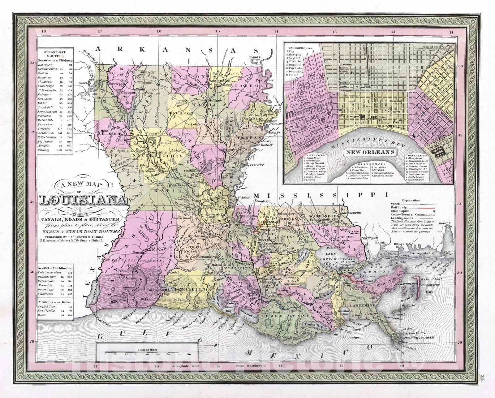 Historic Map : 1849 New Map of Louisiana with its Canals, Roads & Distances - Vintage Wall Art