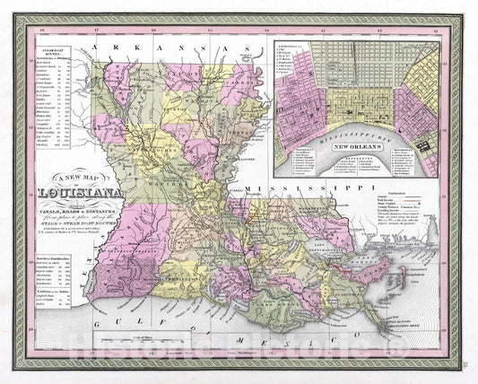 Historic Map : 1849 New Map of Louisiana with its Canals, Roads & Distances - Vintage Wall Art