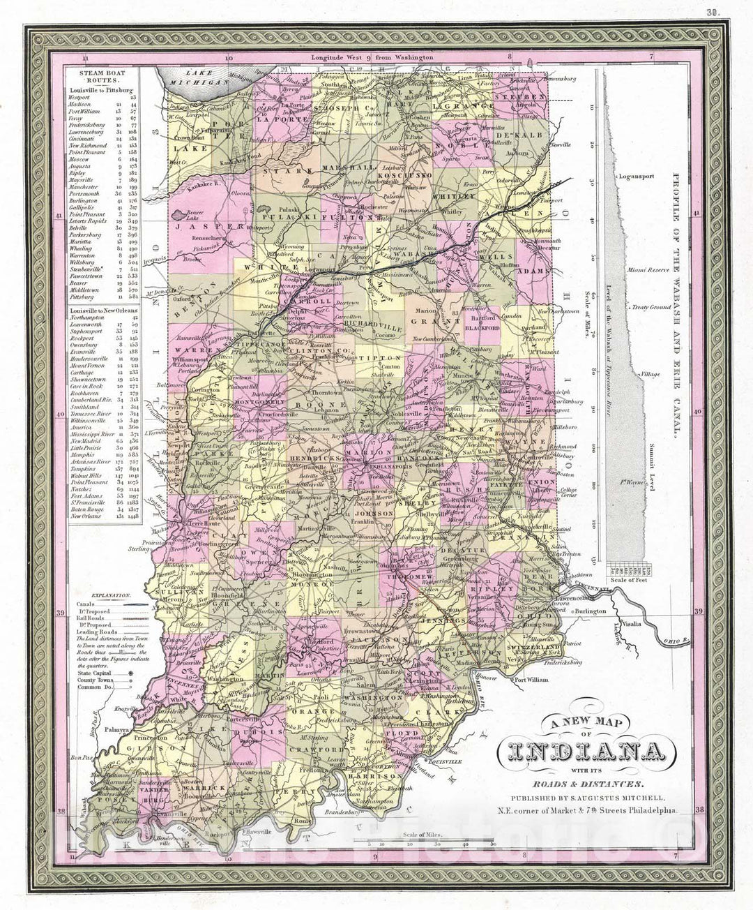 Historic Map : 1849 New Map of Indiana with its Roads & Distances - Vintage Wall Art
