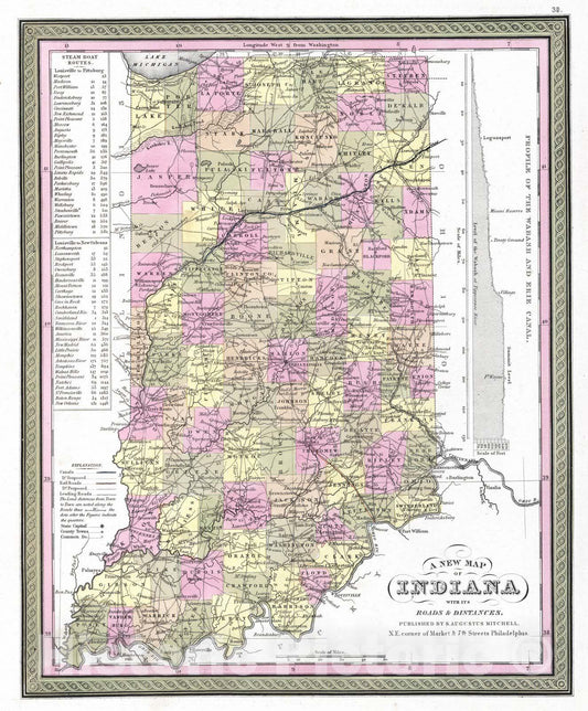 Historic Map : 1849 New Map of Indiana with its Roads & Distances - Vintage Wall Art