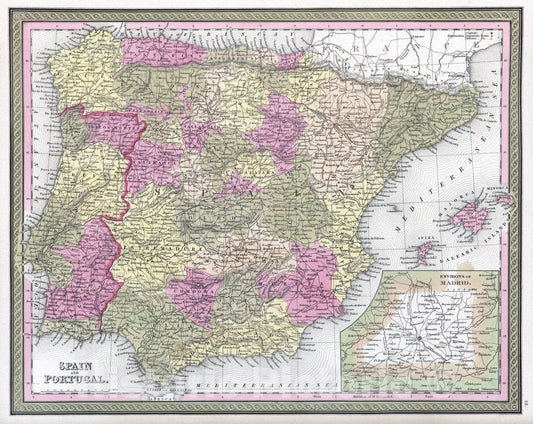 Historic Map : 1849 Spain and Portugal - Vintage Wall Art