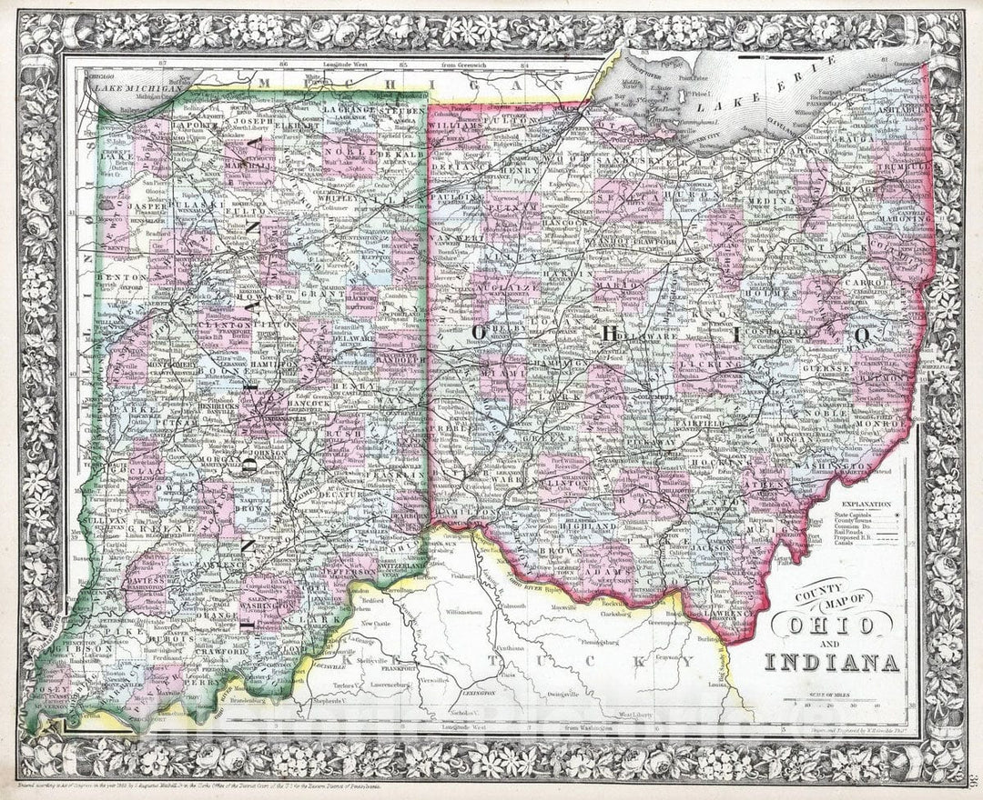 Historic Map : 1865 County map of Ohio and Indiana - Vintage Wall Art