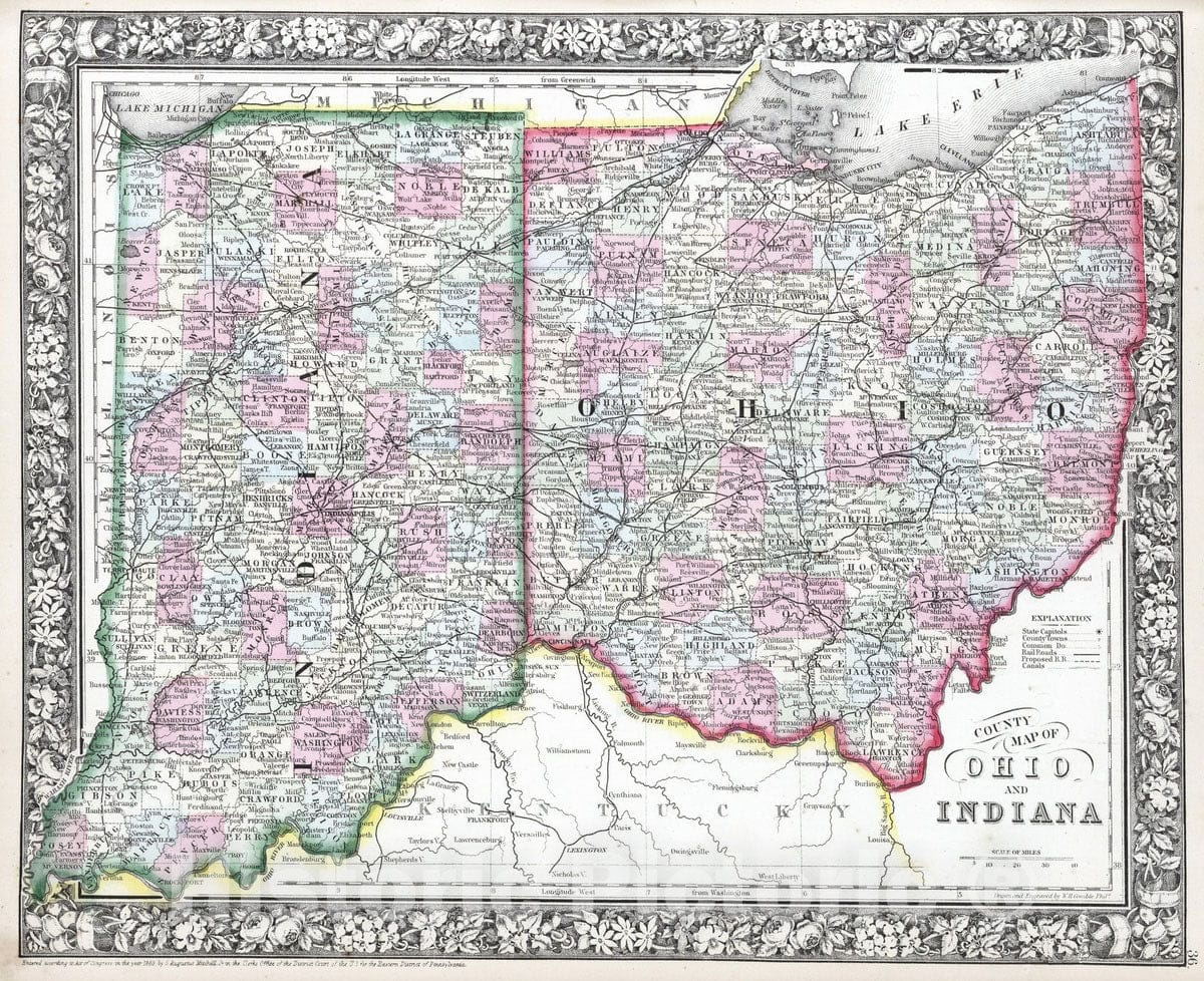 Historic Map : 1865 County map of Ohio and Indiana - Vintage Wall Art