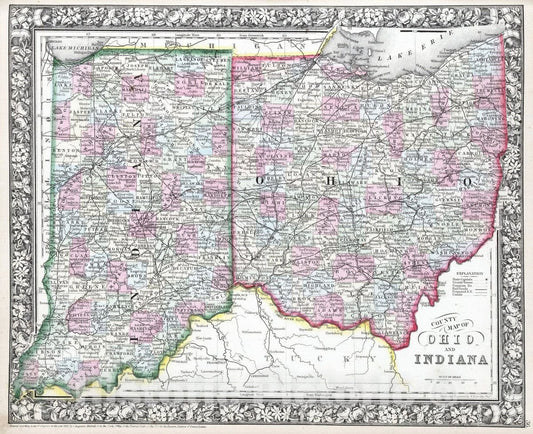 Historic Map : 1865 County map of Ohio and Indiana - Vintage Wall Art