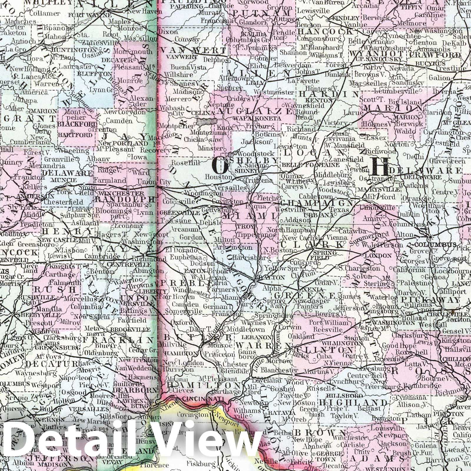 Ohio and Indiana County Map, 1865 - Historical Map Print