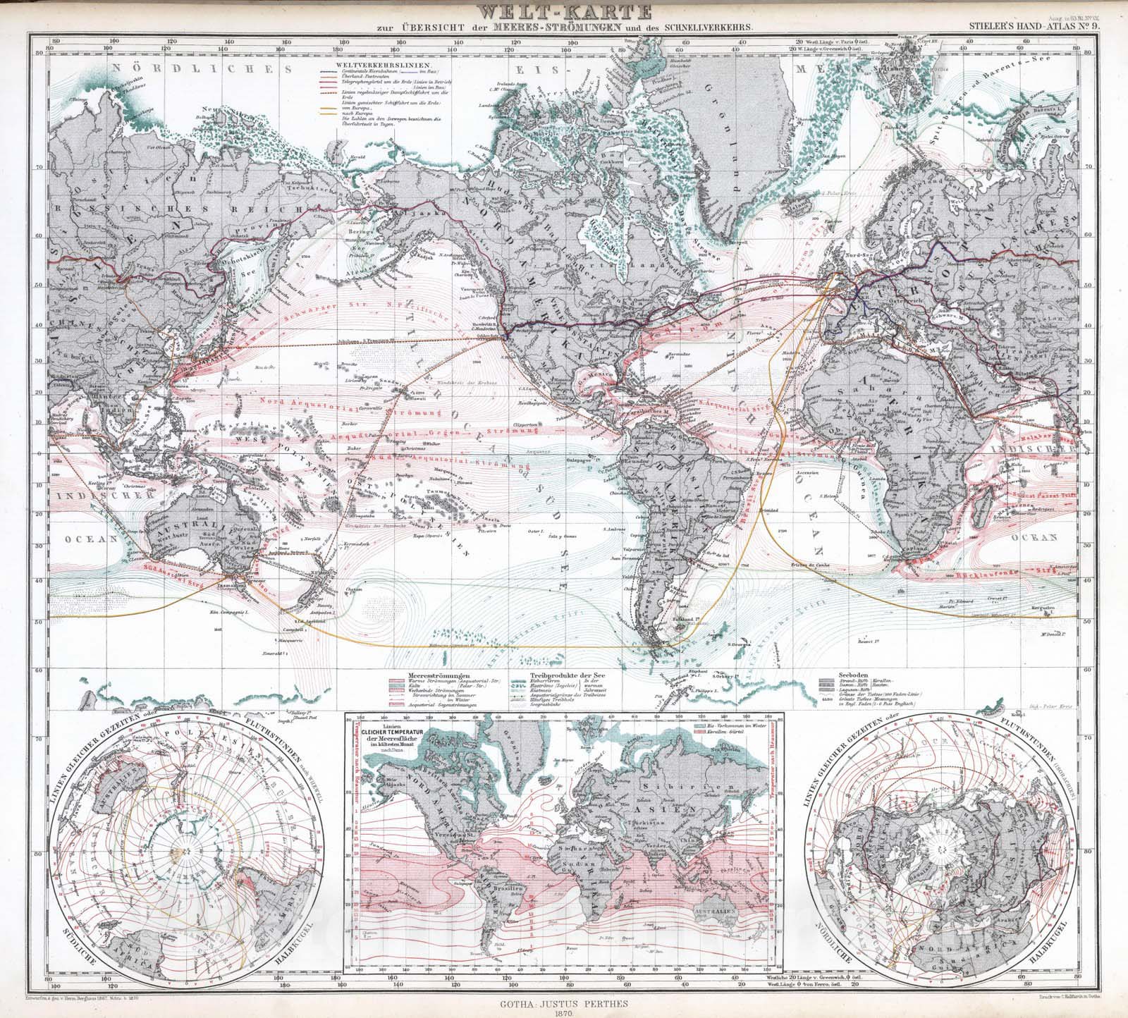 Historic Map : 1870 Welt-Karte zur Ubersicht der Meeres-Stromungen und der Schnellverkehrs. (Land and Sea Routes). - Vintage Wall Art