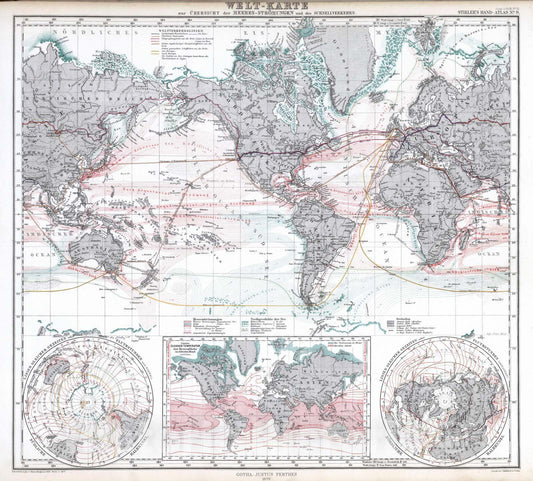 Historic Map : 1870 Welt-Karte zur Ubersicht der Meeres-Stromungen und der Schnellverkehrs. (Land and Sea Routes). - Vintage Wall Art