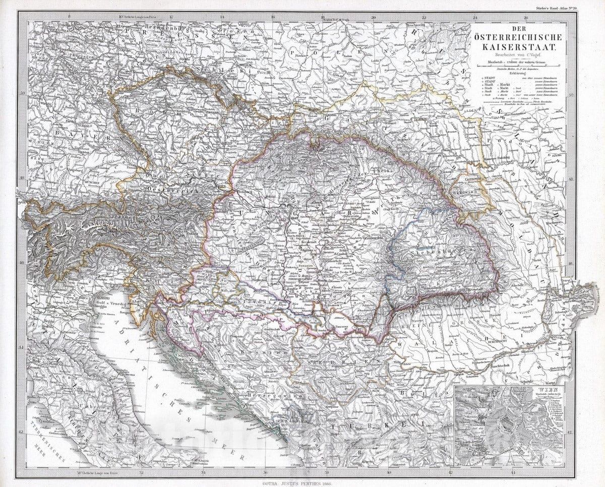 Austrian Empire 1866 Map Print - Stieler's Hand Atlas Historical Reproduction