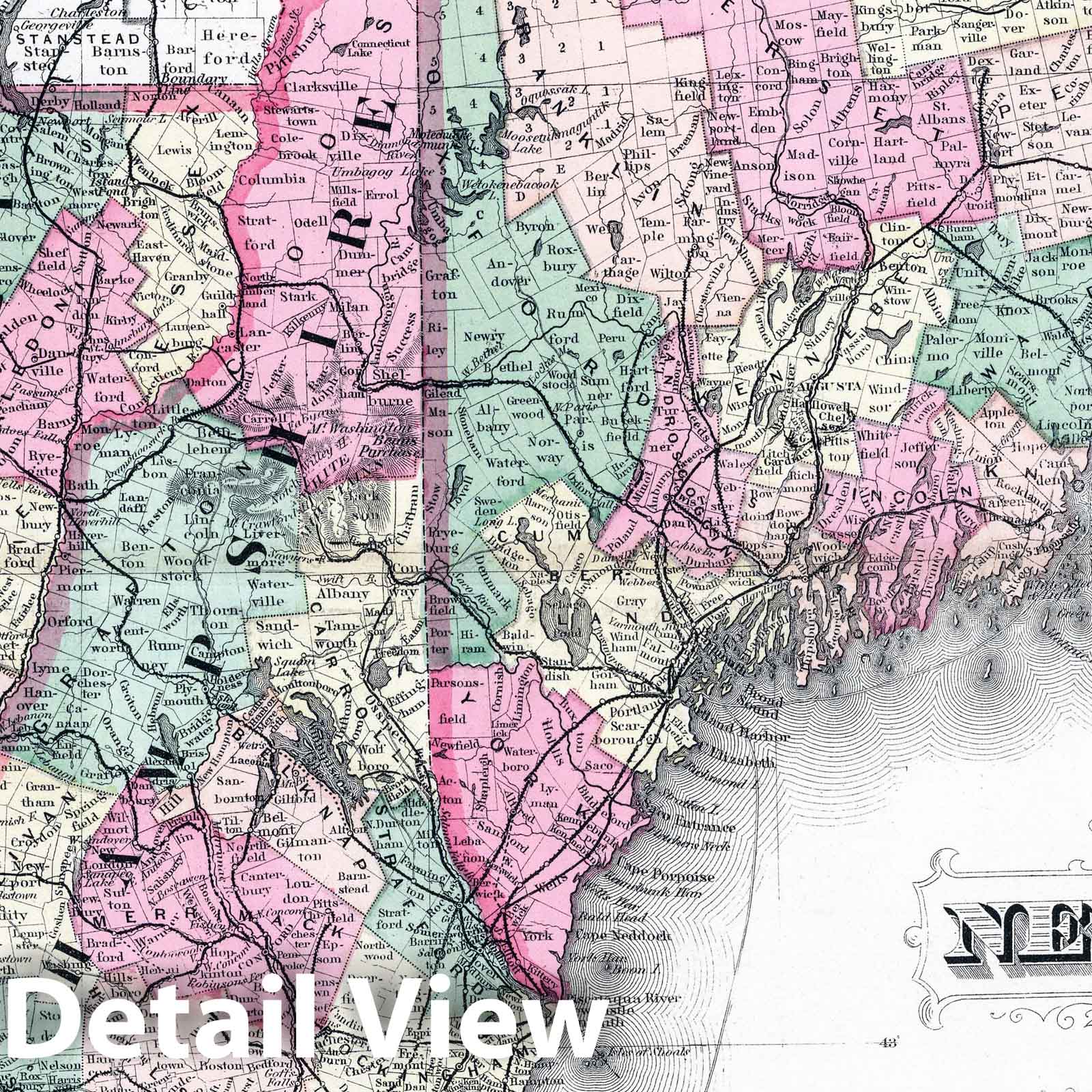 New England with New York & Canada - Railroad Map, 1877 - Historical Map Print