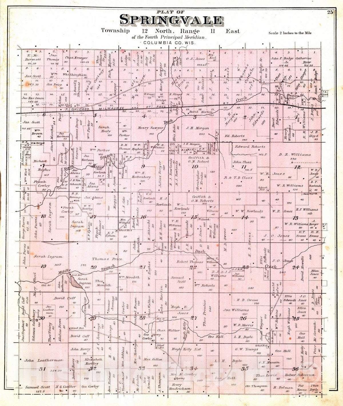 Historic Map : 1890 Springvale Township, Columbia County, Wisconsin. - Vintage Wall Art