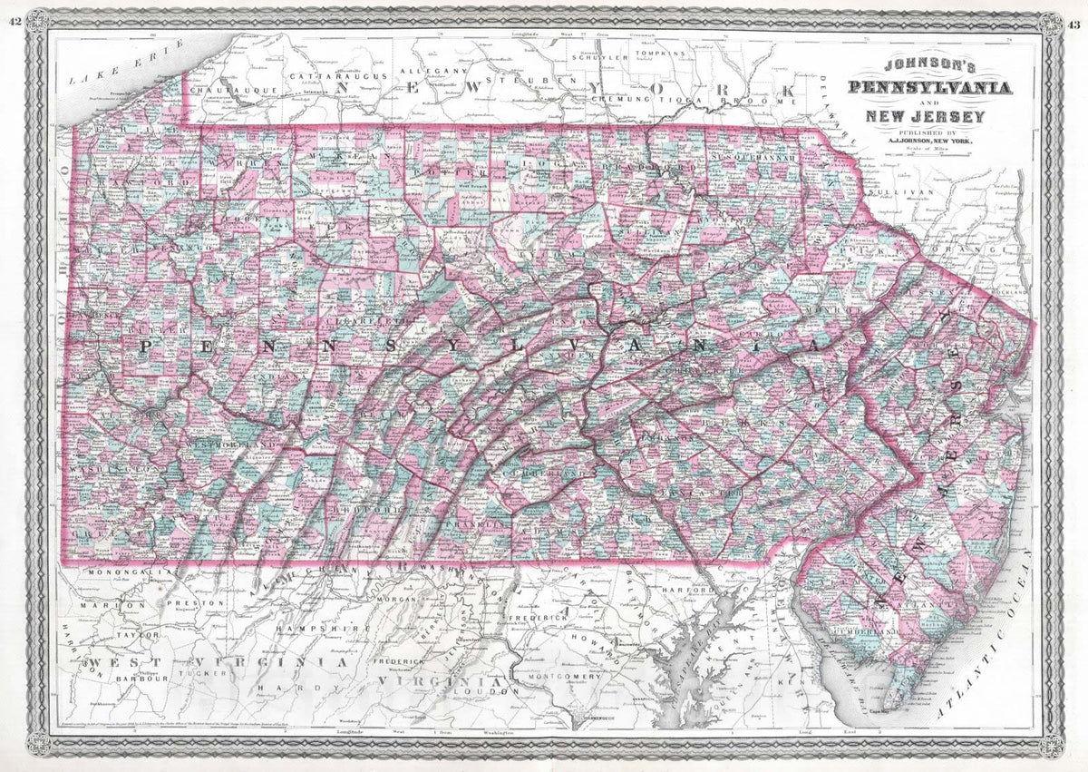 Historic Map : 1870 Pennsylvania and New Jersey. - Vintage Wall Art