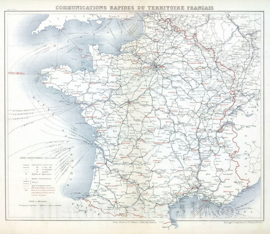 Historic Map : France, 1882 Communications Rapie du Territoire Francais. , Vintage Wall Art