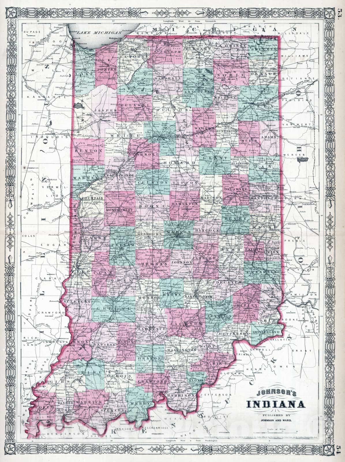 Historic Map : 1864 Indiana - Vintage Wall Art