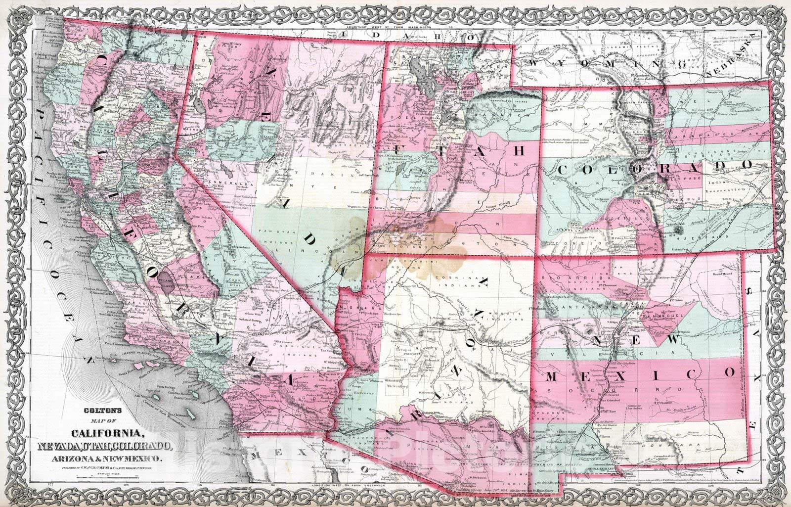 Historic Map : 1869 California, Nevada, Utah, Colorado, Arizona and New Mexico. - Vintage Wall Art