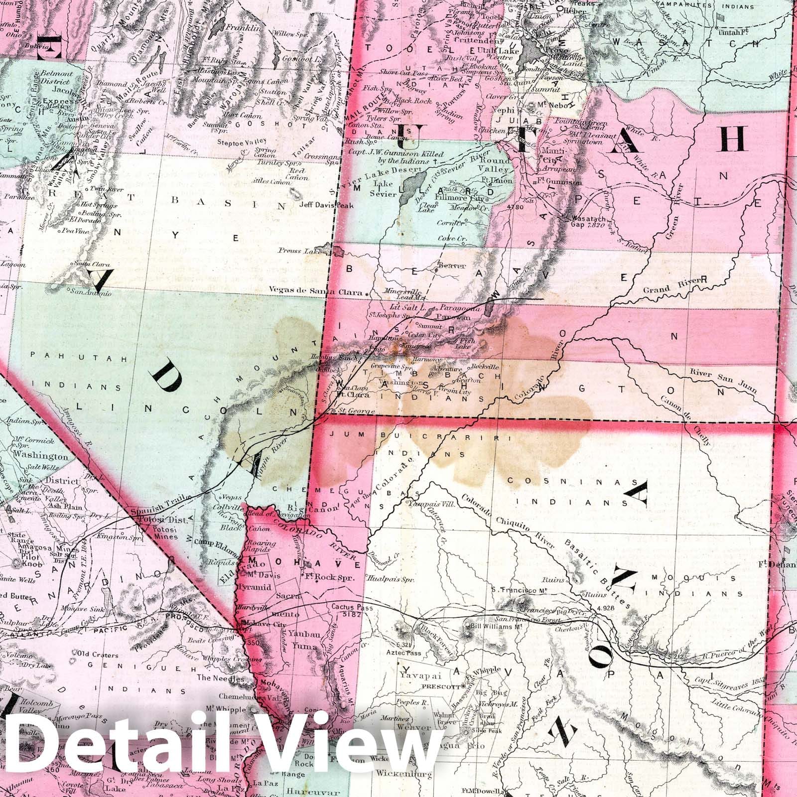California, Nevada, Utah, Colorado, Arizona, and New Mexico, 1869 - Historical Map Print