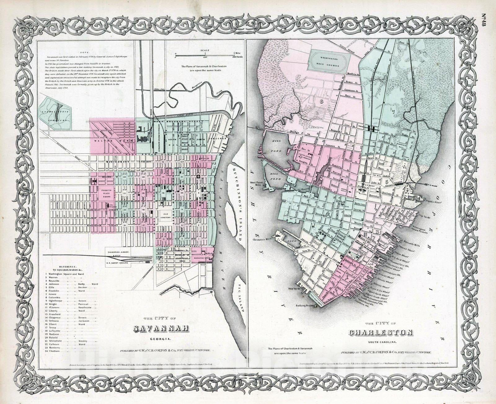 Historic Map : 1869 Savannah, Georgia. Charleston, South Carolina. - Vintage Wall Art