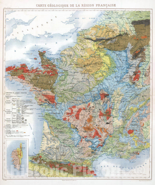 Historic Map : France, 1882 Carte Geologique de la Region Francaise. , Vintage Wall Art