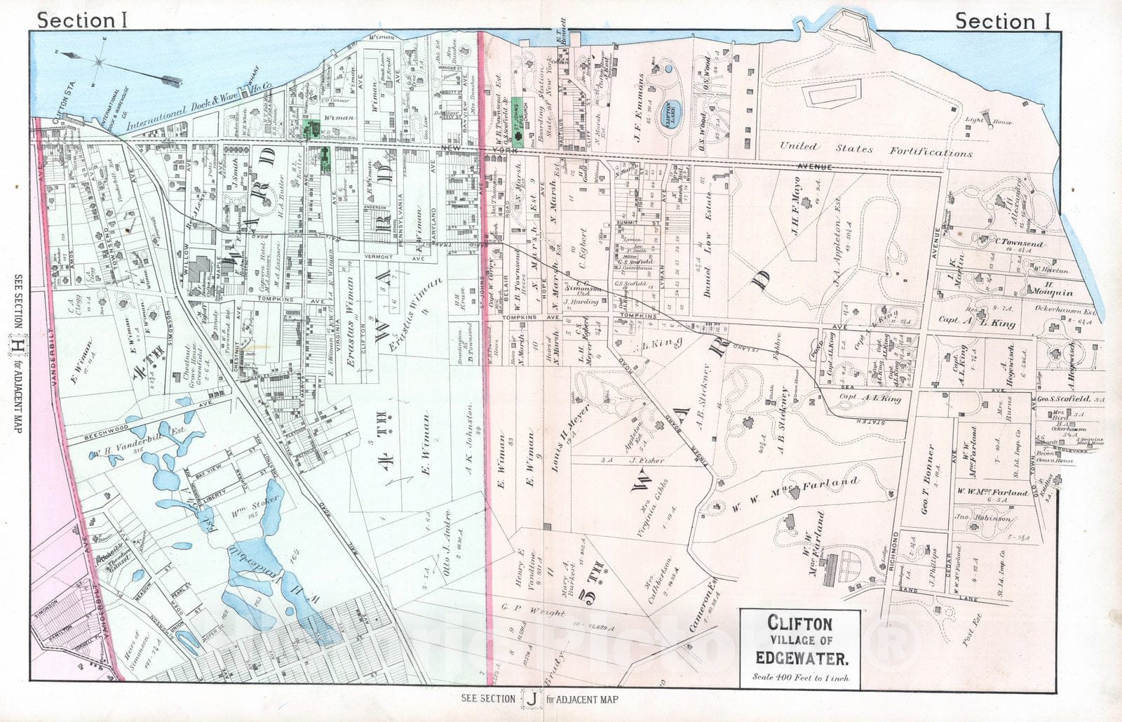 Historic Map : 1887 Section I. Clifton, Village of Edgewater. (Staten Island, New York). - Vintage Wall Art