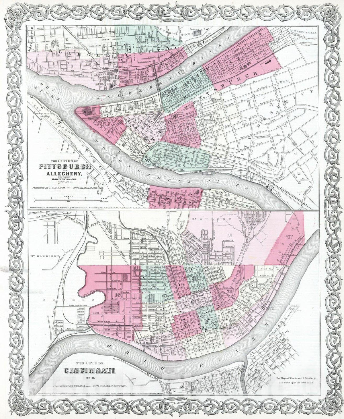 Historic Map : 1865 Pittsburgh, Pennsylvania. Cincinnati, Ohio. - Vintage Wall Art