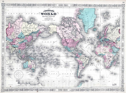 Historic Map : 1865 World on Mercators Projection. - Vintage Wall Art