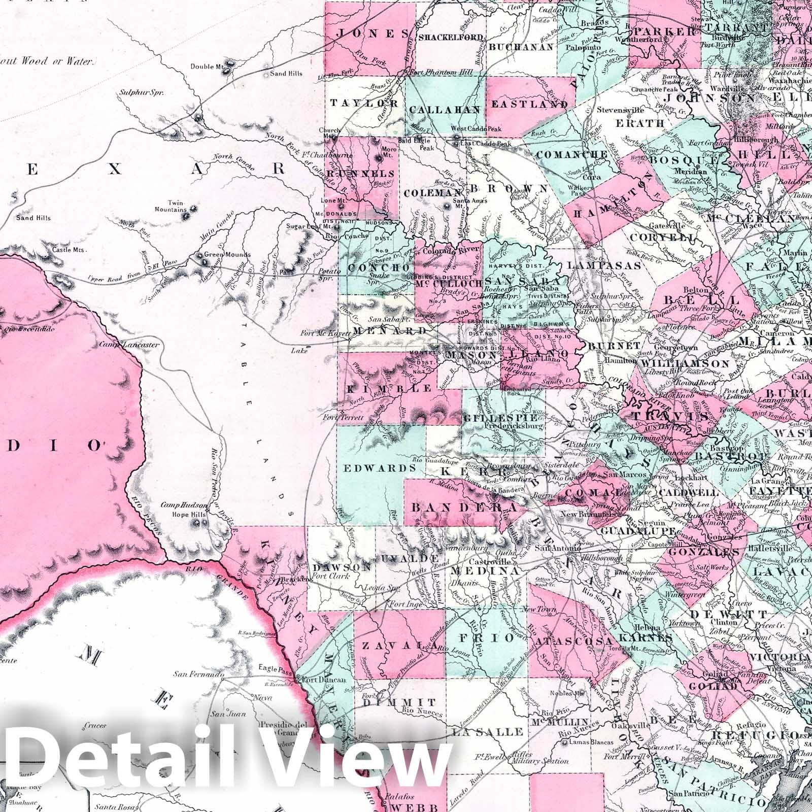 Texas - Survey Map, 1865 - Johnson's Family Atlas Hand-Colored Historical Map