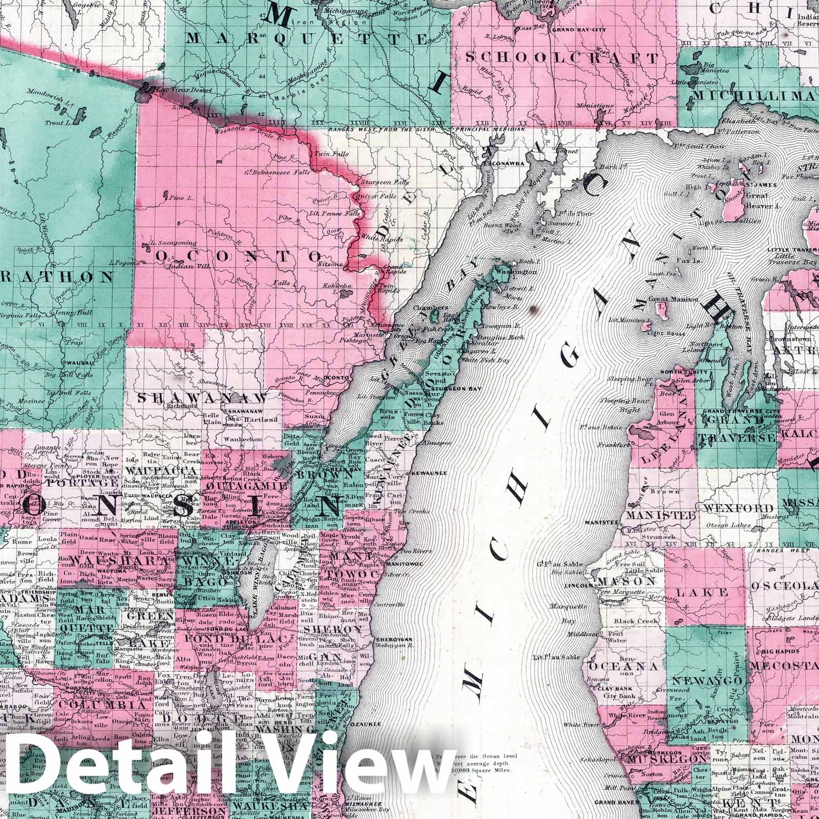 Wisconsin and Michigan - Physical Map, 1864 - Historical Map Print
