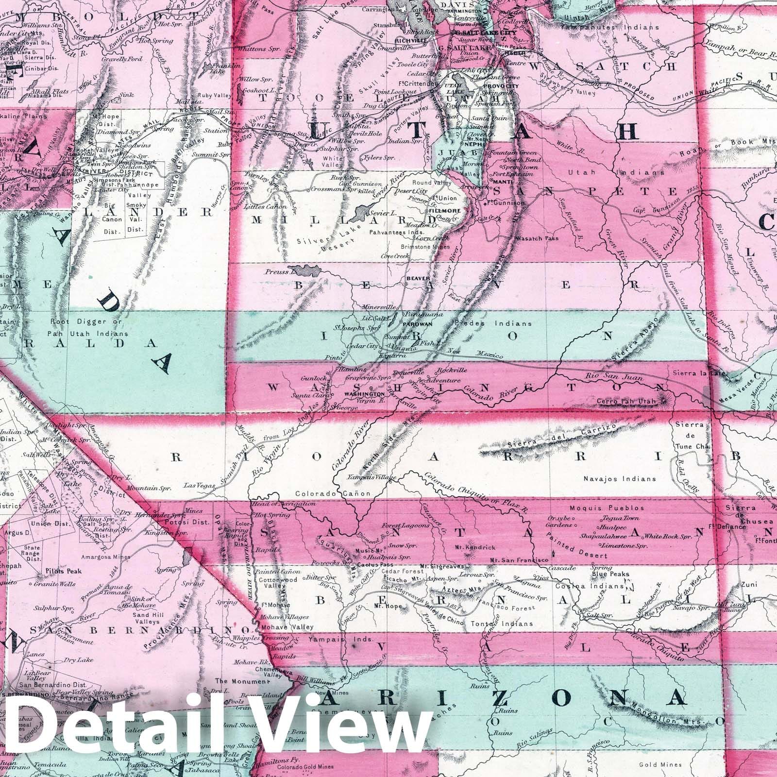 California, Utah, Nevada, Colorado, New Mexico, and Arizona - Railroad Map, 1865