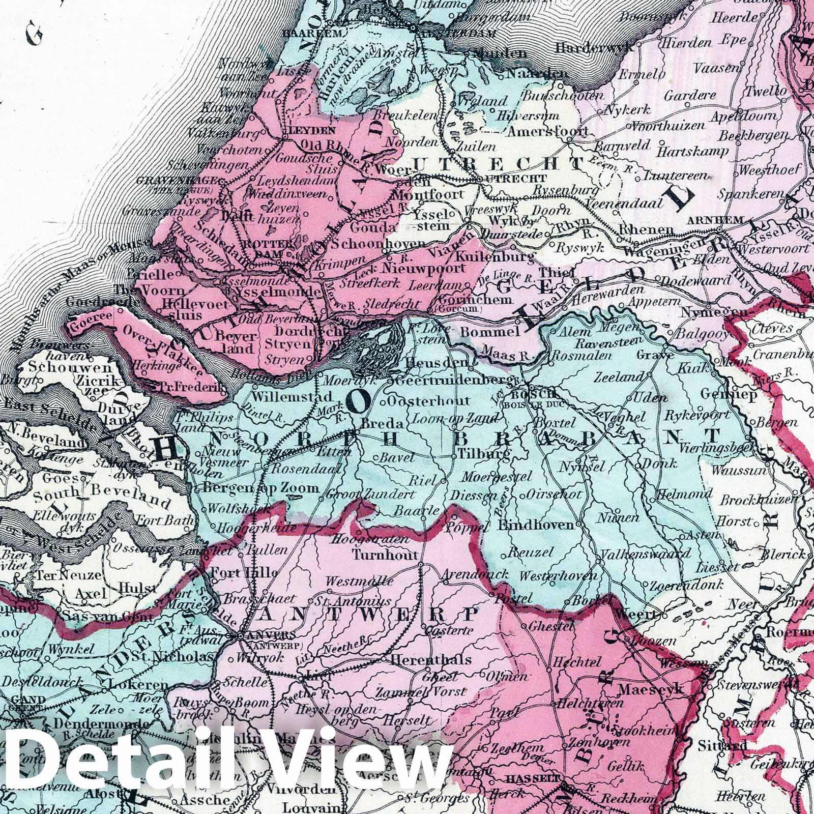 Holland and Belgium - Physical Map, 1865 - Historical Map Print