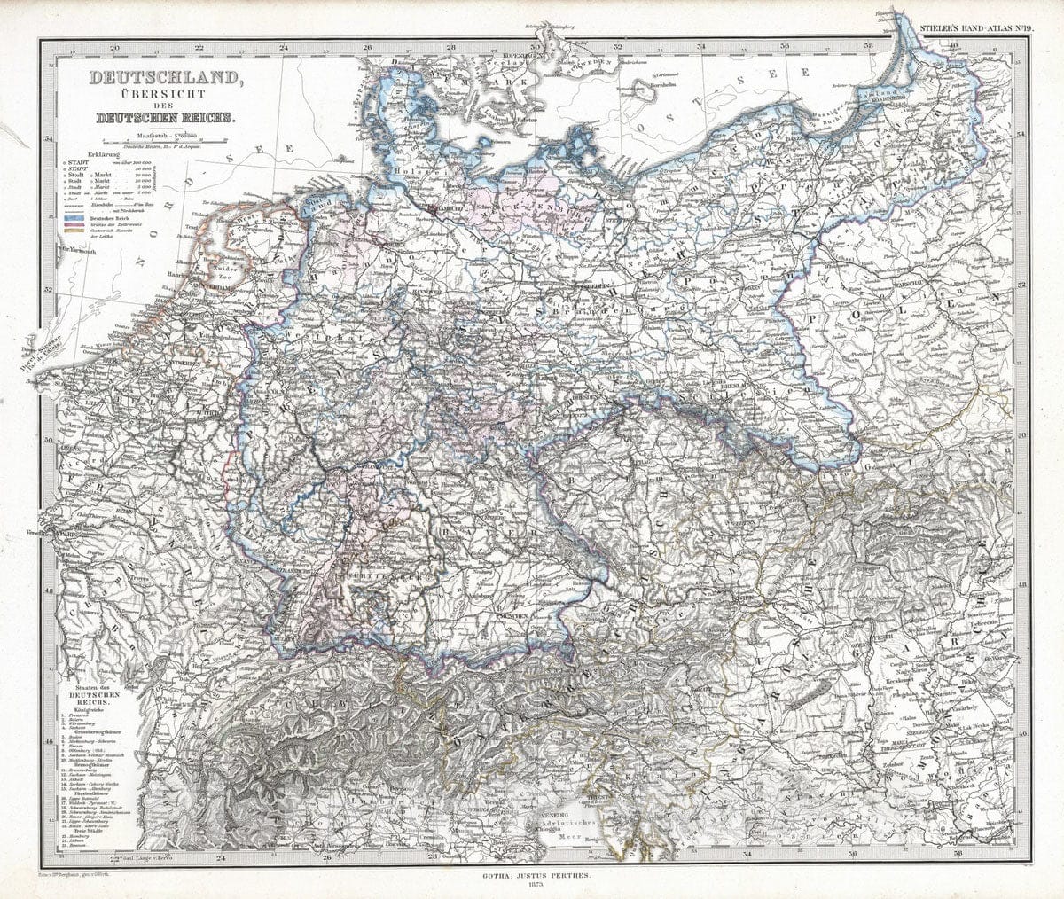 Germany and German Reich - Stieler's Hand Atlas Plate No. 19, 1873