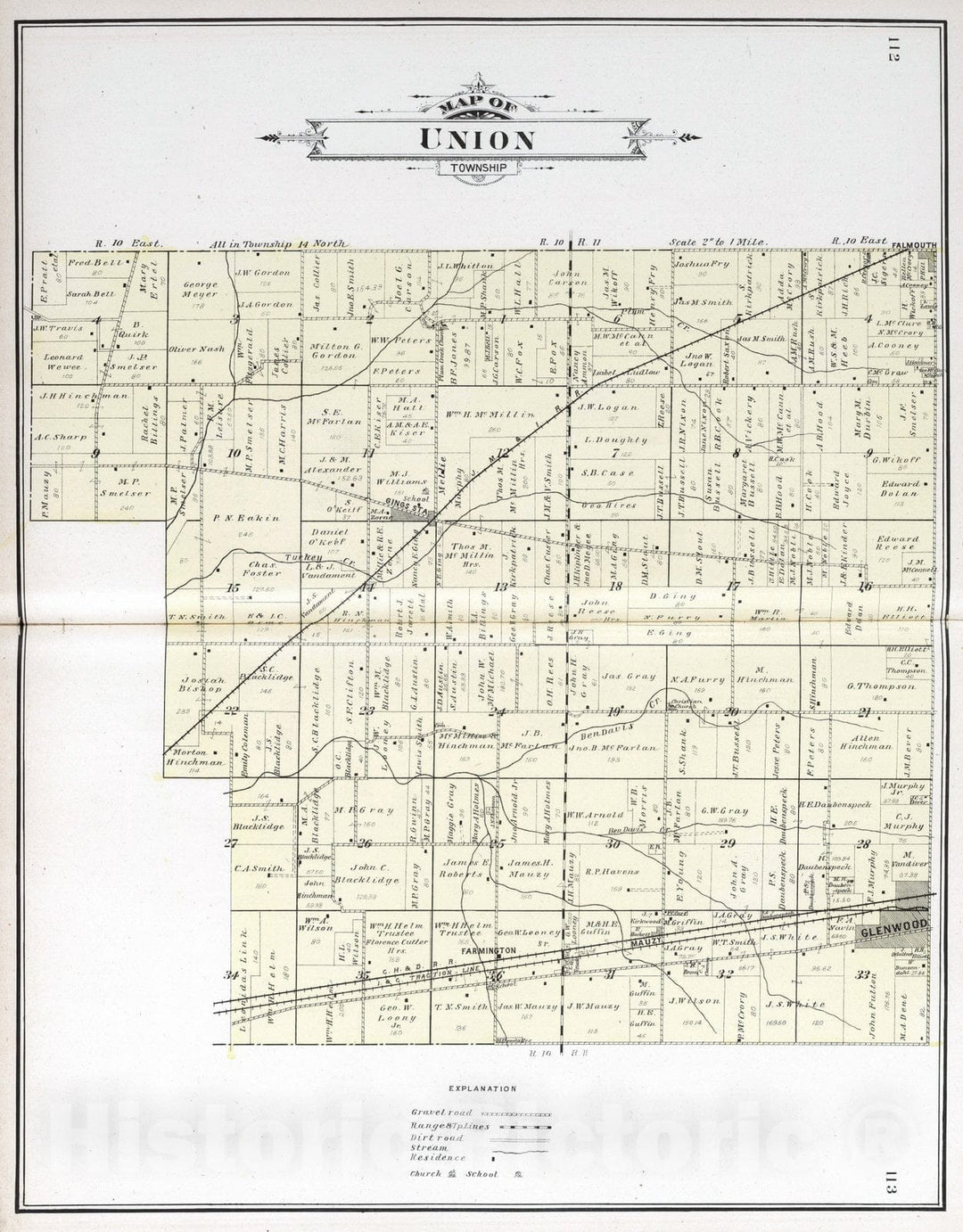 Historic Map : 1908 Union Township, Rush County, Indiana. - Vintage Wall Art