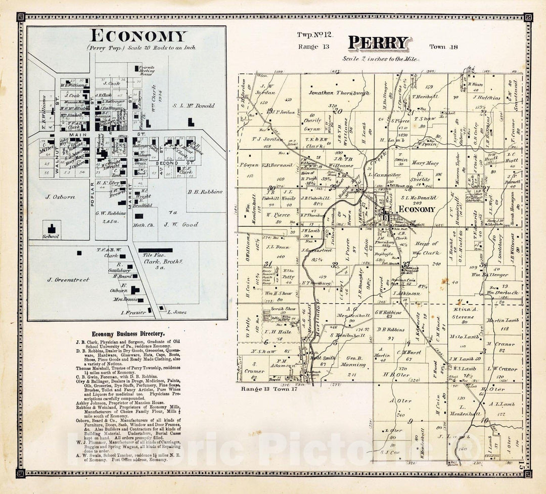 Historic Map : 1874 Perry Township, Wayne County, Indiana. Economy. - Vintage Wall Art