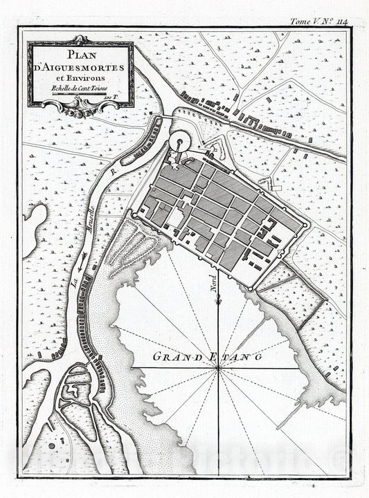 Historic Map : France , Aigues-Mortes France, Languedoc 1764 Plan d'Aiguesmortes et environs. , Vintage Wall Art