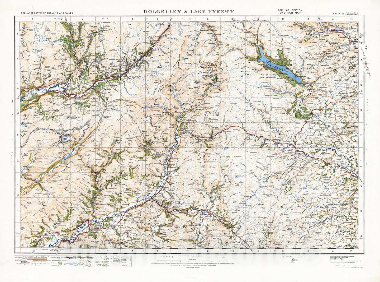 Historic Map : National Atlas - 1919 Sheet 59. Dolgelly & Lake Vyrnwy. - Vintage Wall Art