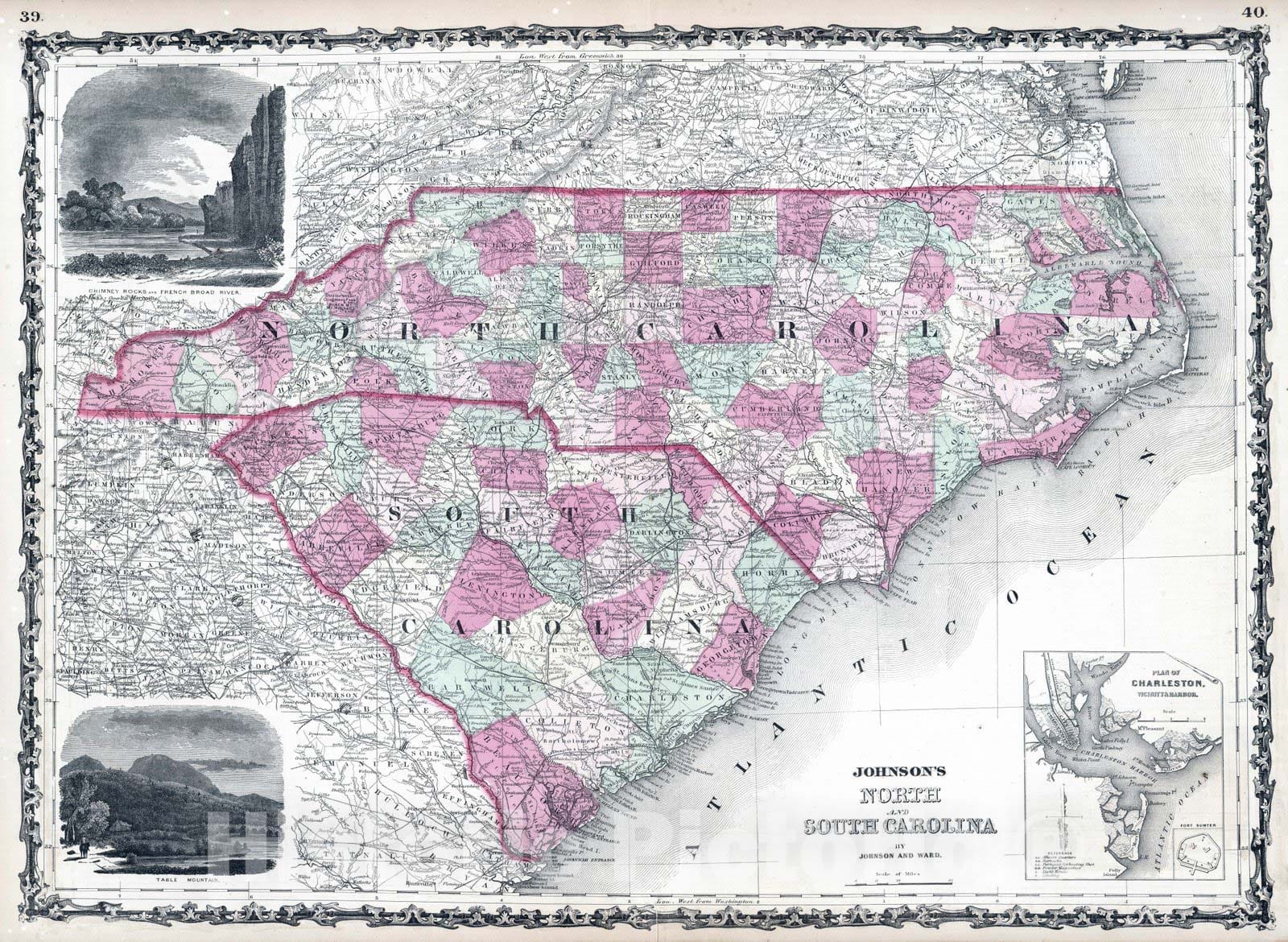 Historic Map : 1864 North and South Carolina : Vintage Wall Art