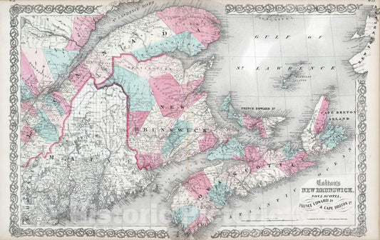 Historic Map : 1865 New Brunswick, Nova Scotia. Prince Edward Island. and Cape Breton Inland. - Vintage Wall Art