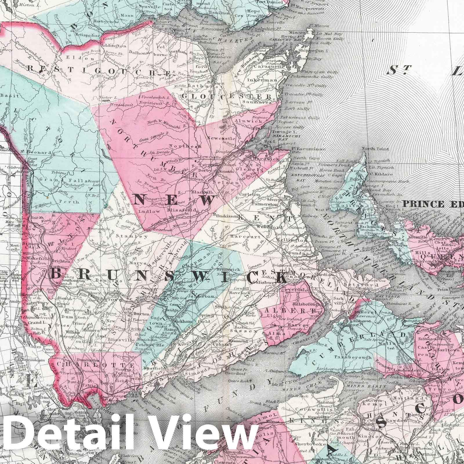 Historic Map : 1865 New Brunswick, Nova Scotia. Prince Edward Island. and Cape Breton Inland. - Vintage Wall Art