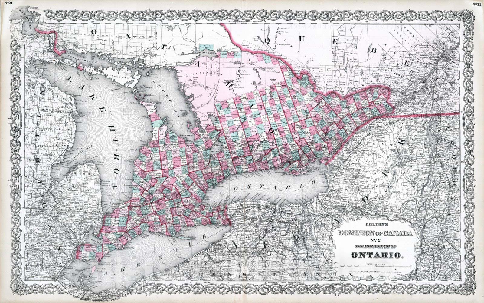 Historic Map : 1869 Dominion of Canada. Province of Ontario. - Vintage Wall Art