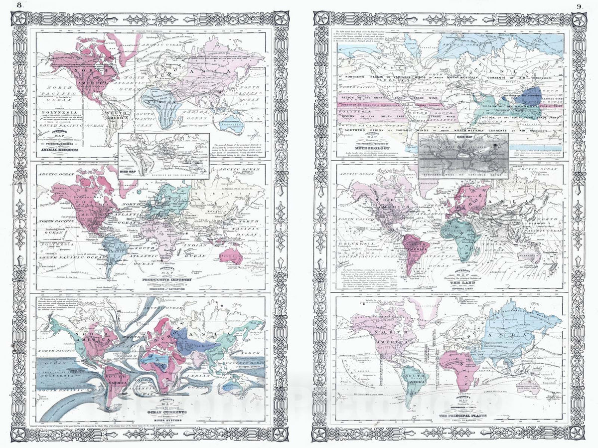 Historic Map - 1865 The World Showing, The Animal Kingdom, Commerce And Navigation. - Vintage Wall Art