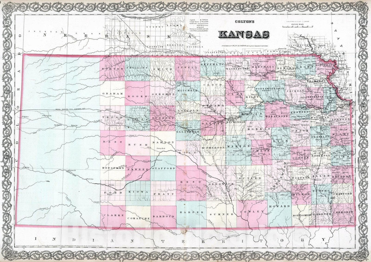 Historic Map : 1869 Kansas. - Vintage Wall Art