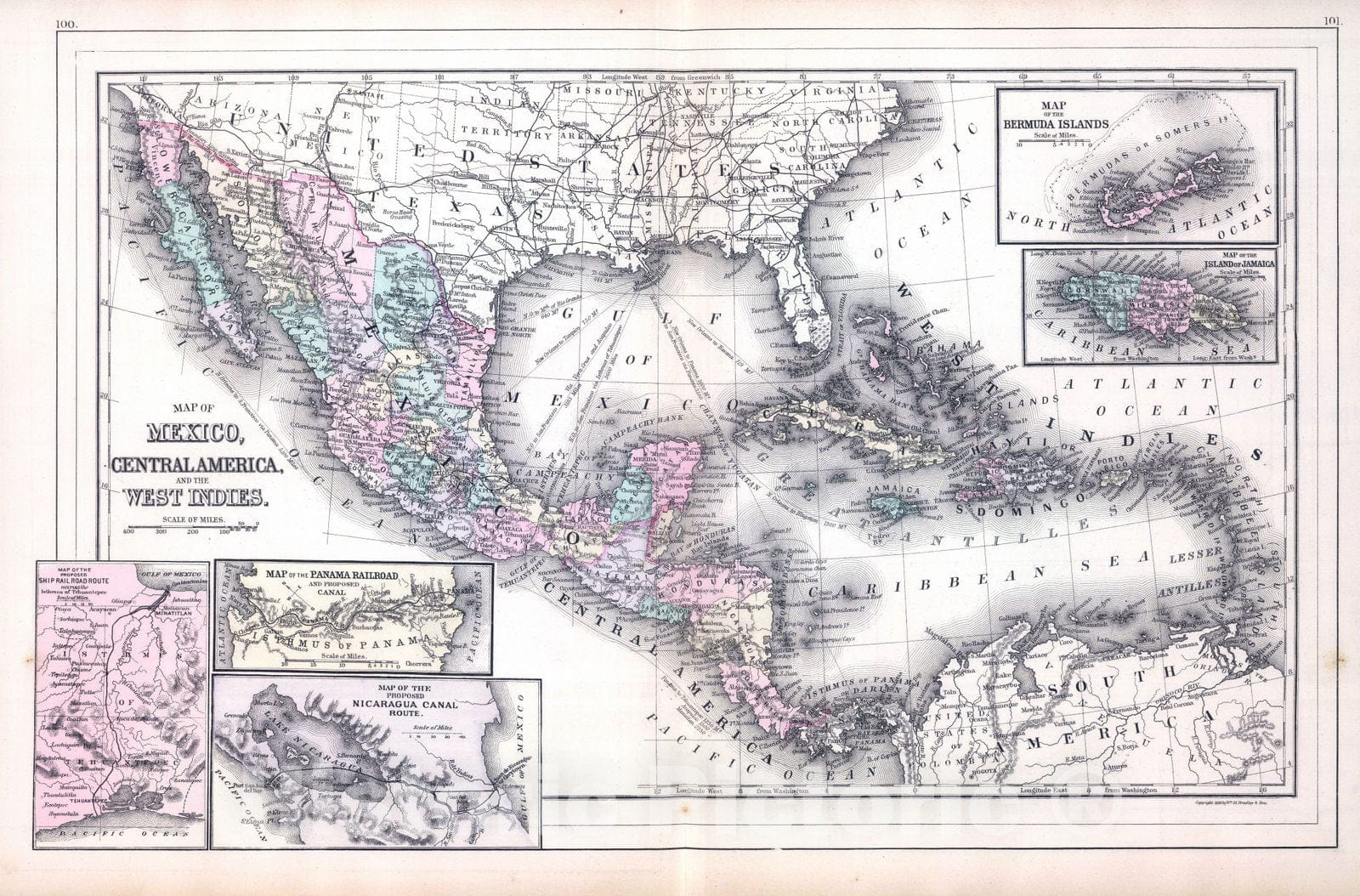 Mexico, Central America, and the West Indies - Railroad Map, 1886