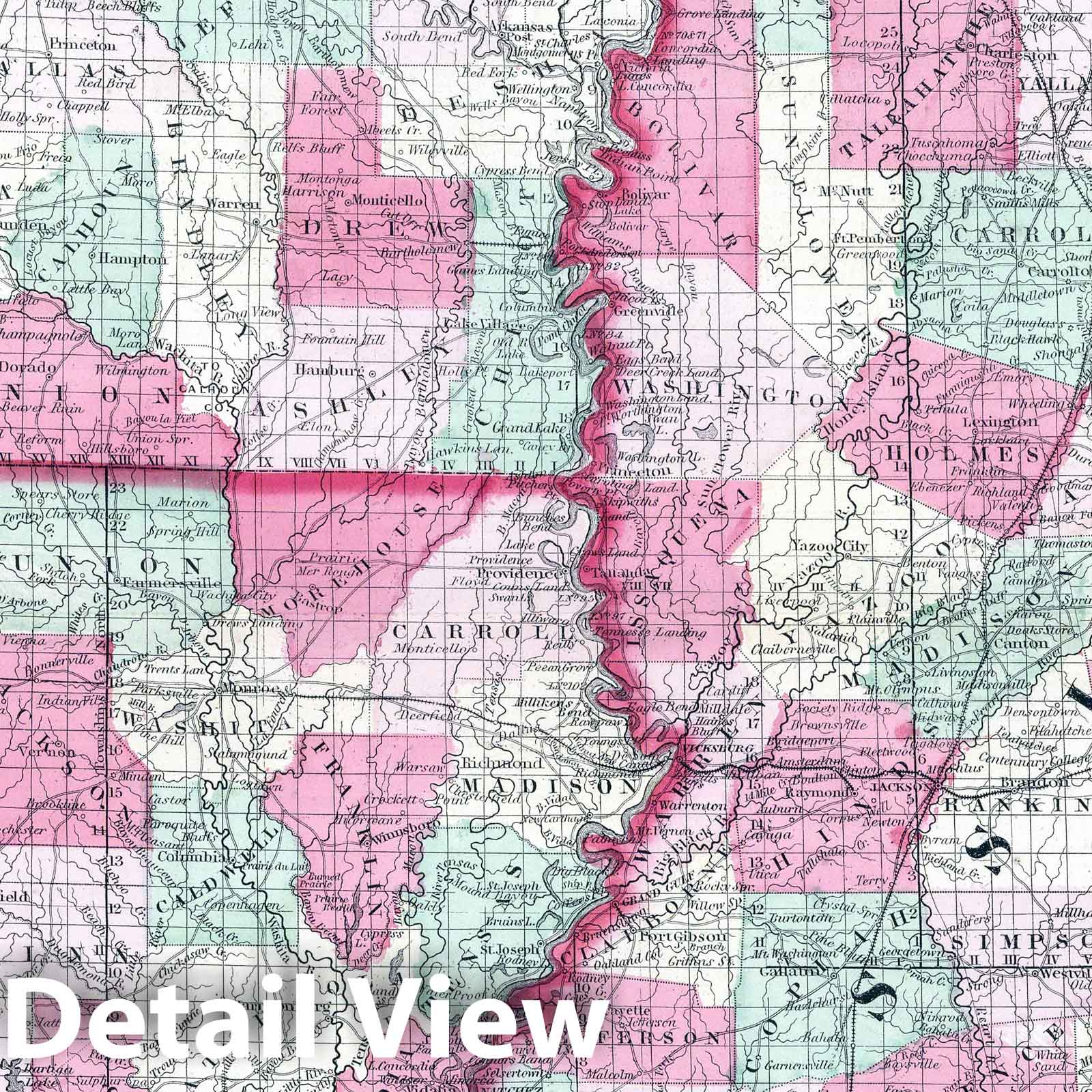 Arkansas, Mississippi, Louisiana - Physical Map, 1864 - Johnson's Family Atlas
