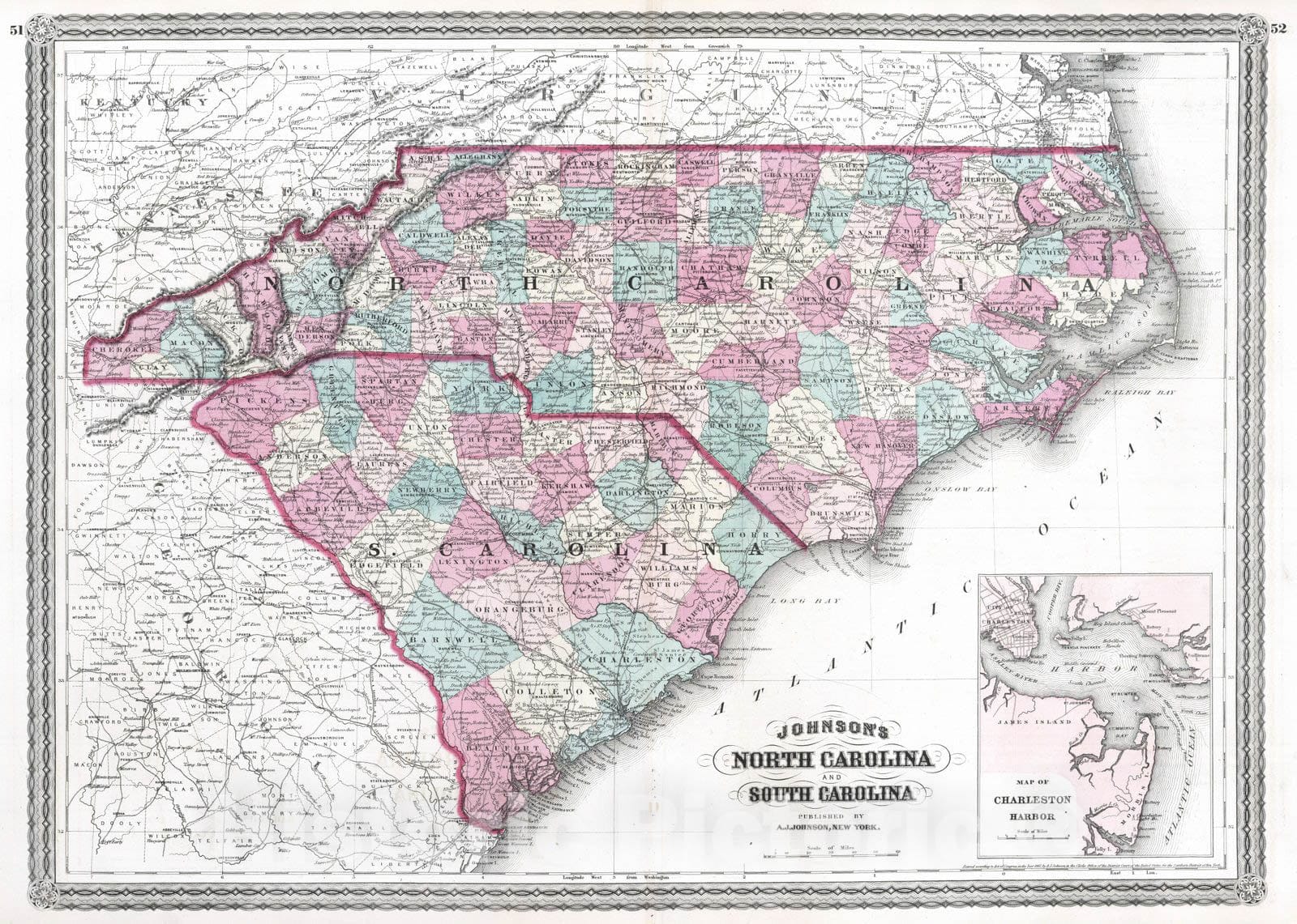 Historic Map : 1870 Carolina and South Carolina. - Vintage Wall Art