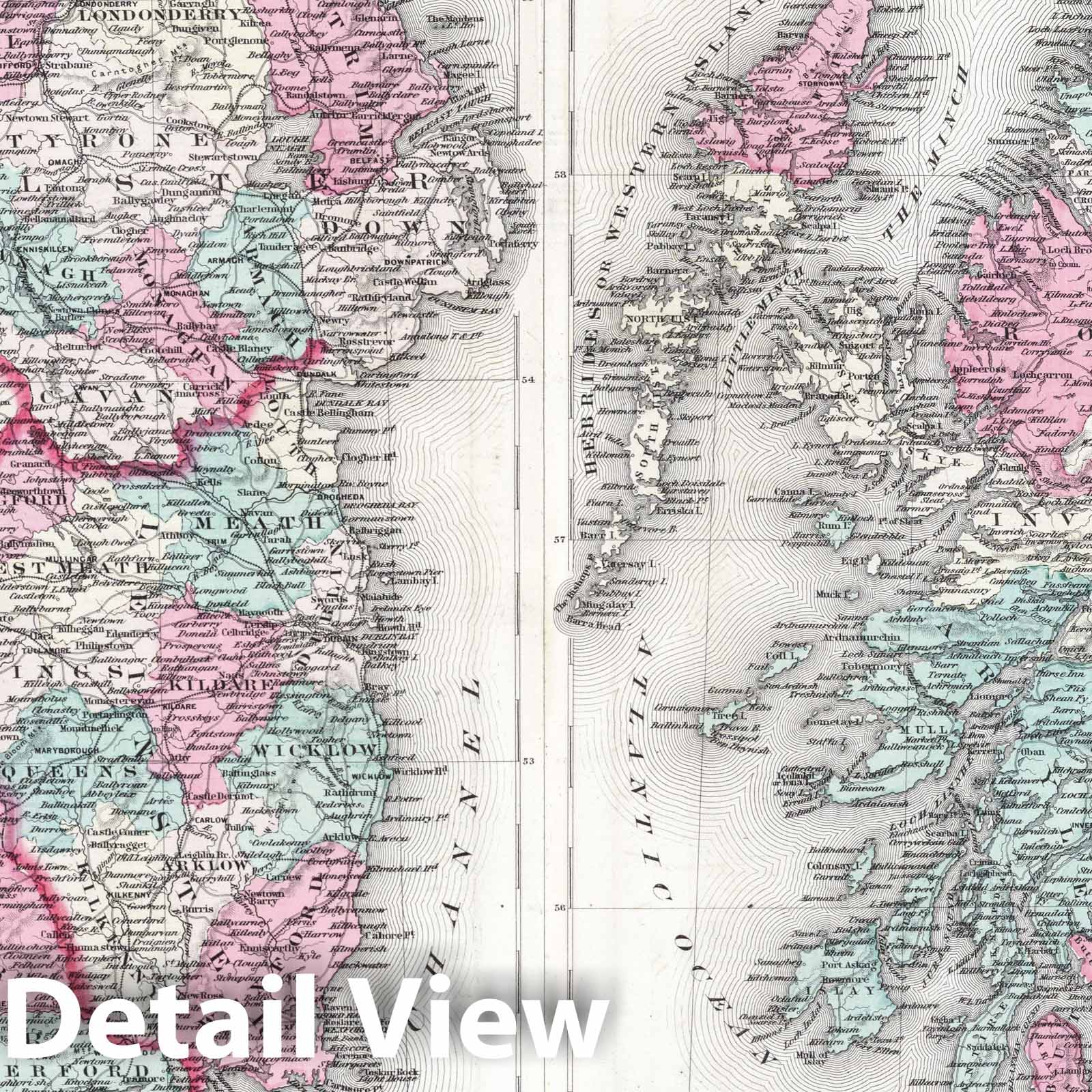 Ireland and Scotland - Physical Map, 1870 - Historical Map Print