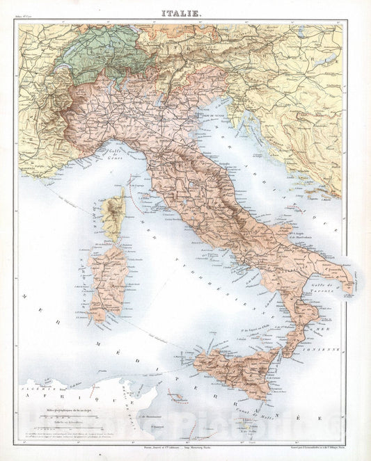 Historic Map : Italy; Switzerland, 1882 Italie. , Vintage Wall Art