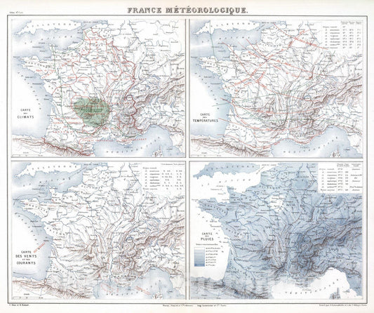 Historic Map : France, 1882 France Meteorologique. , Vintage Wall Art