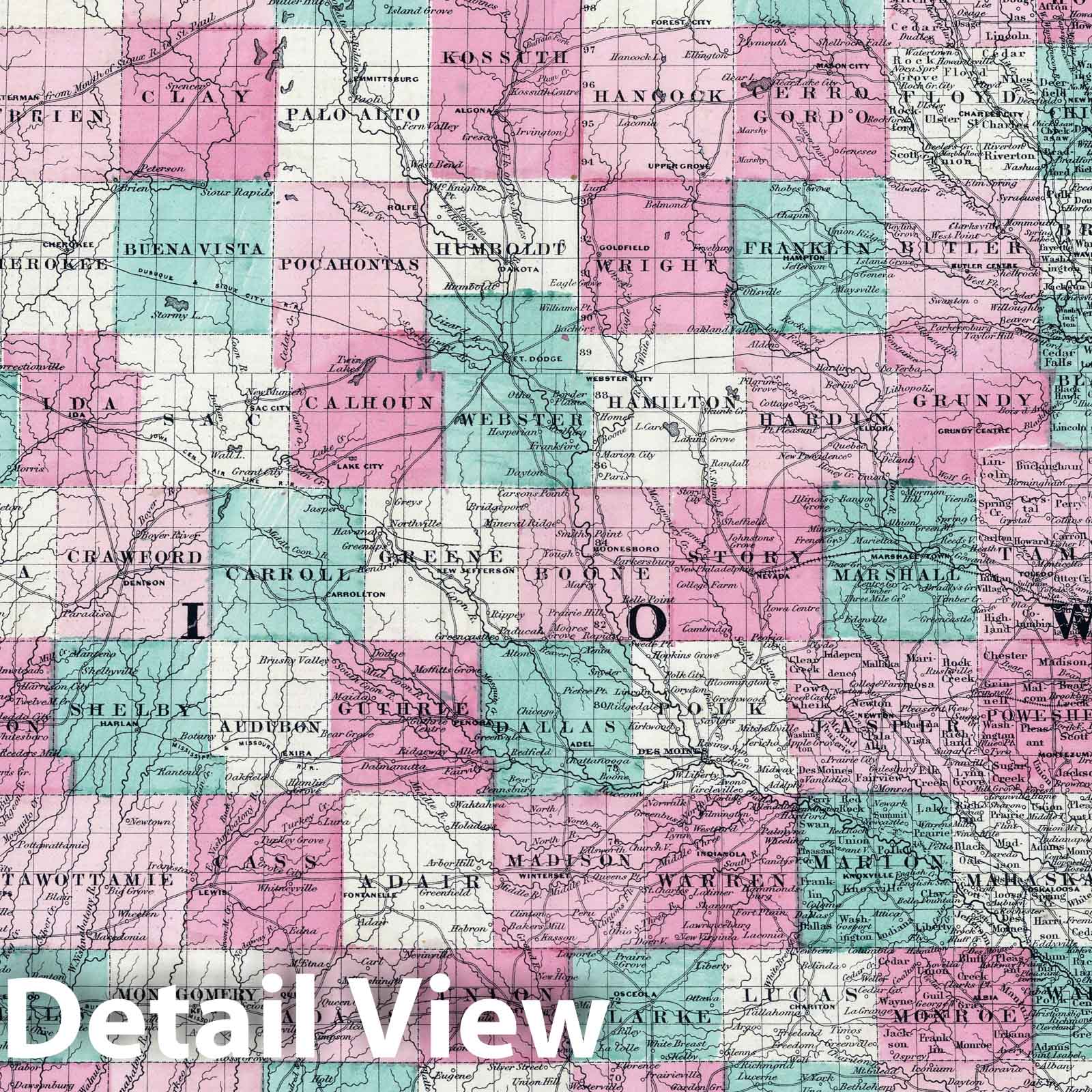 Iowa and Nebraska - Physical Map, 1865 - Historical Map Print