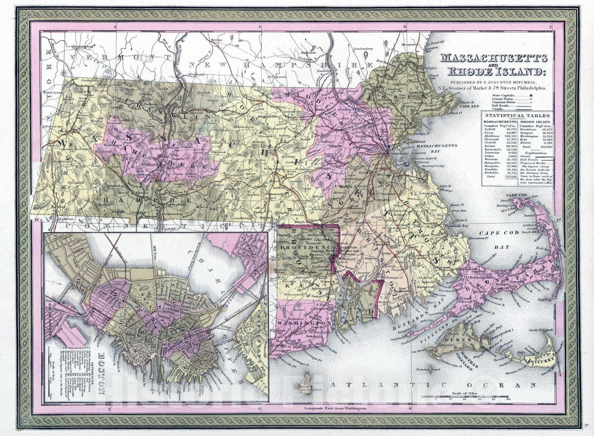 Historic Map : 1849 Massachusetts and Rhode Island - Vintage Wall Art