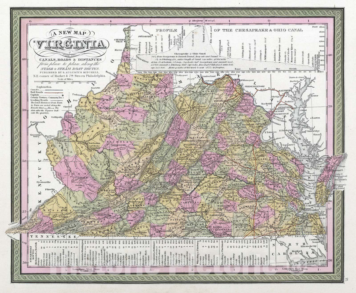 Historic Map : 1849 New Map of Virginia with its Canals, Roads & Distances - Vintage Wall Art